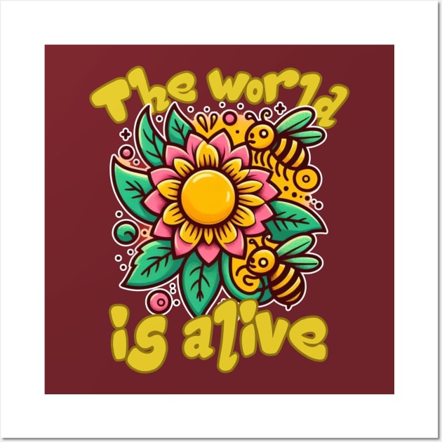 The World is Alive: Spring Bloom Buzz in Yellow, Black, Green, Brown, and Blue Wall Art by PopArtyParty